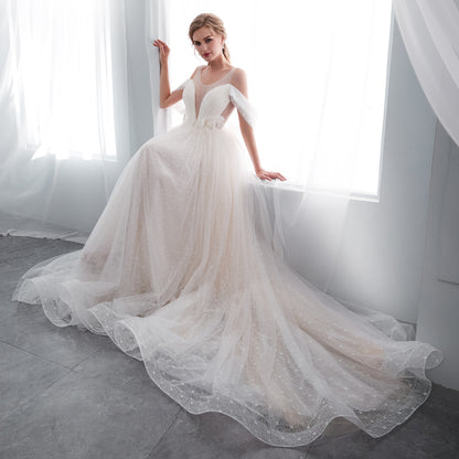 7-Day Dispatch Spaghetti Strap Illusion Deep V-Neck Ivory Sparkly Tulle A-Line Wedding Dress Draped Sleeve Lace-up Back Bridal Gown