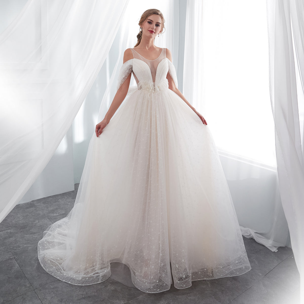 7-Day Dispatch Spaghetti Strap Illusion Deep V-Neck Ivory Sparkly Tulle A-Line Wedding Dress Draped Sleeve Lace-up Back Bridal Gown