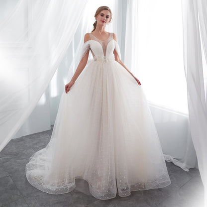 7-Day Dispatch Spaghetti Strap Illusion Deep V-Neck Ivory Sparkly Tulle A-Line Wedding Dress Draped Sleeve Lace-up Back Bridal Gown