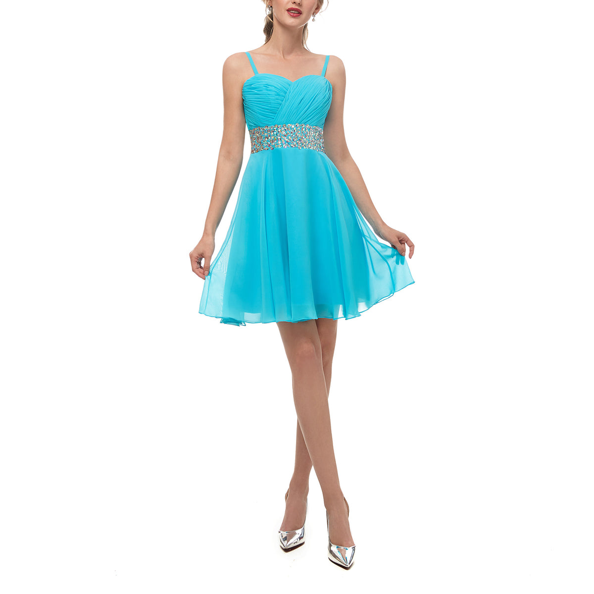 7-Day Dispatch Spaghetti Strap Sweetheart Aqua Blue Chiffon Short Cocktail Dress Beaded Waist A-Line Party Gown
