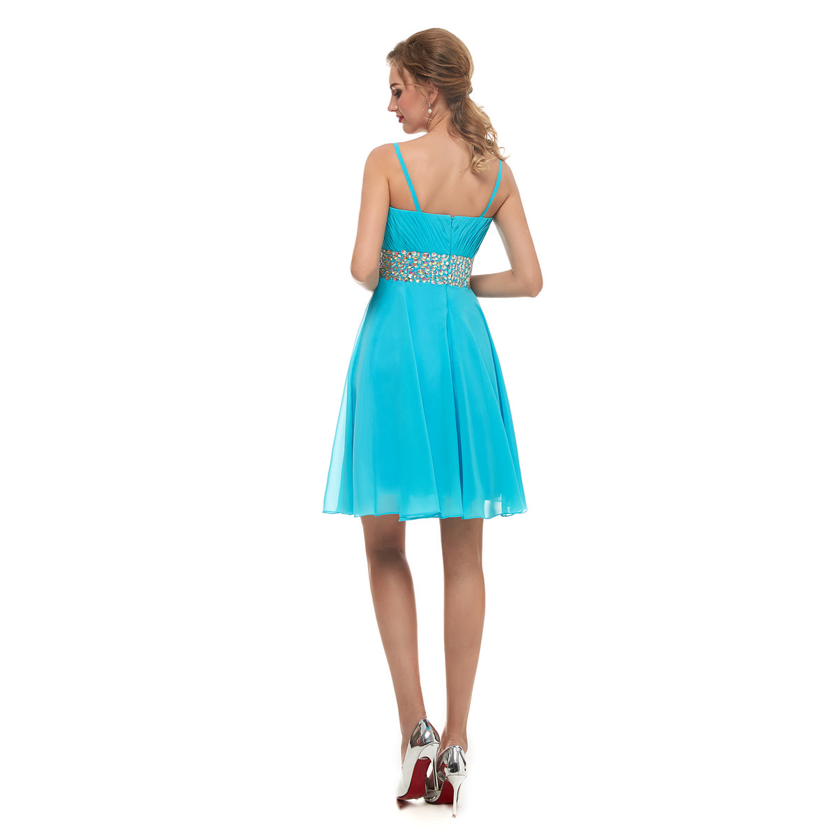 7-Day Dispatch Spaghetti Strap Sweetheart Aqua Blue Chiffon Short Cocktail Dress Beaded Waist A-Line Party Gown