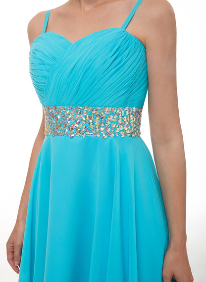 7-Day Dispatch Spaghetti Strap Sweetheart Aqua Blue Chiffon Short Cocktail Dress Beaded Waist A-Line Party Gown