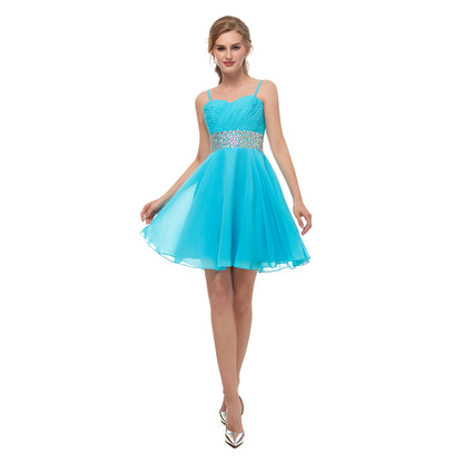 7-Day Dispatch Spaghetti Strap Sweetheart Aqua Blue Chiffon Short Cocktail Dress Beaded Waist A-Line Party Gown