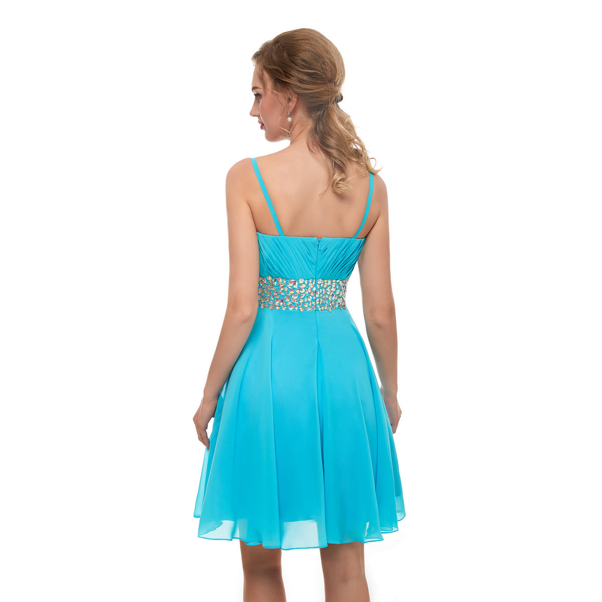7-Day Dispatch Spaghetti Strap Sweetheart Aqua Blue Chiffon Short Cocktail Dress Beaded Waist A-Line Party Gown