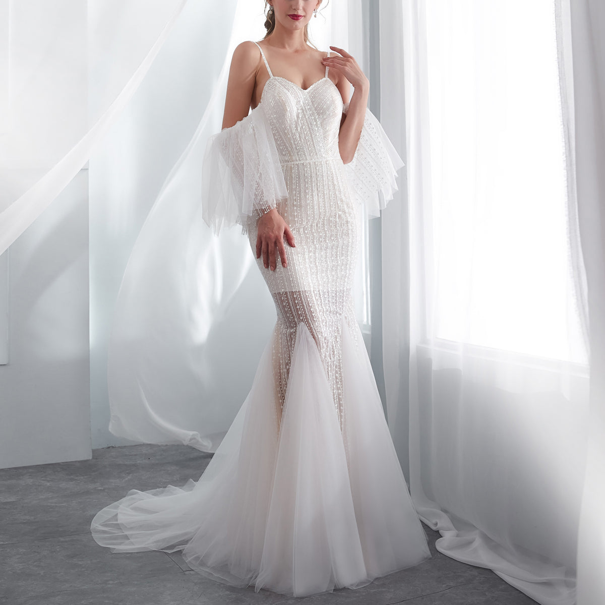 7-Day Dispatch Spaghetti Strap Sweetheart White Beaded Mermaid Wedding Dress Flutter Sleeve Illusion Skirt Bridal Gown