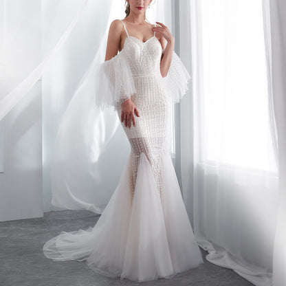 7-Day Dispatch Spaghetti Strap Sweetheart White Beaded Mermaid Wedding Dress Flutter Sleeve Illusion Skirt Bridal Gown