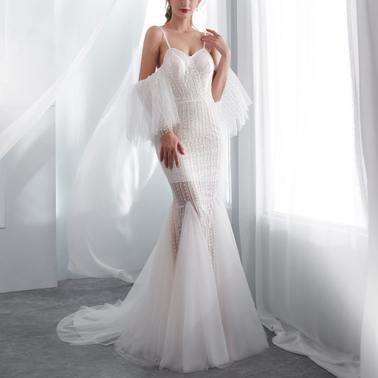 7-Day Dispatch Spaghetti Strap Sweetheart White Beaded Mermaid Wedding Dress Flutter Sleeve Illusion Skirt Bridal Gown