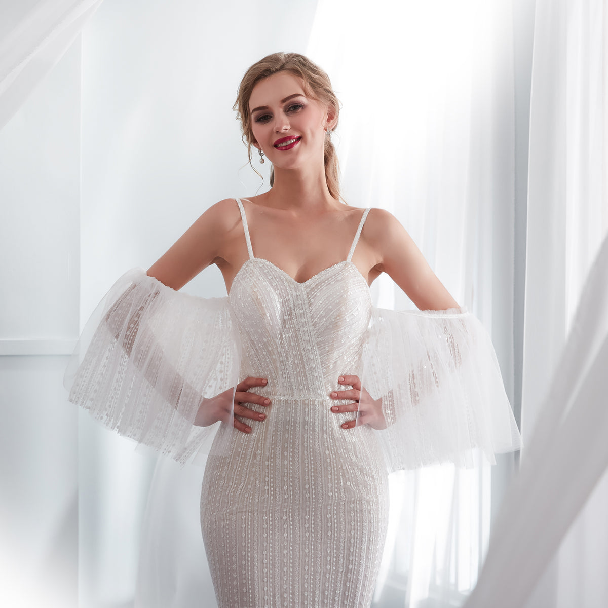 7-Day Dispatch Spaghetti Strap Sweetheart White Beaded Mermaid Wedding Dress Flutter Sleeve Illusion Skirt Bridal Gown