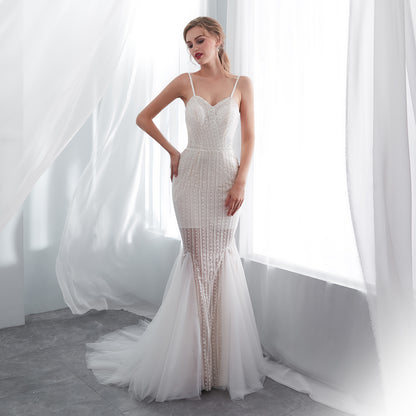 7-Day Dispatch Spaghetti Strap Sweetheart White Beaded Mermaid Wedding Dress Flutter Sleeve Illusion Skirt Bridal Gown