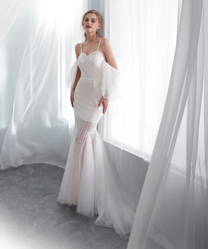 7-Day Dispatch Spaghetti Strap Sweetheart White Beaded Mermaid Wedding Dress Flutter Sleeve Illusion Skirt Bridal Gown