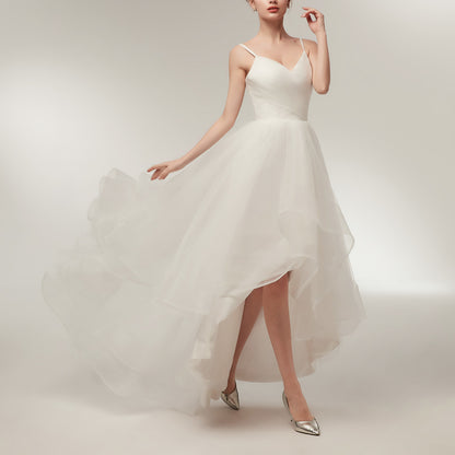 7-Day Dispatch Spaghetti Strap V-Neck White Tulle High-Low Wedding Dress Lace-up Back Bridal Gown