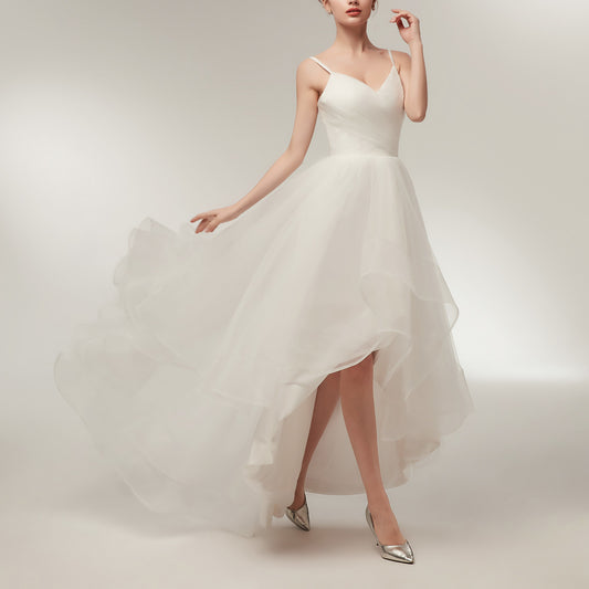 7-Day Dispatch Spaghetti Strap V-Neck White Tulle High-Low Wedding Dress Lace-up Back Bridal Gown