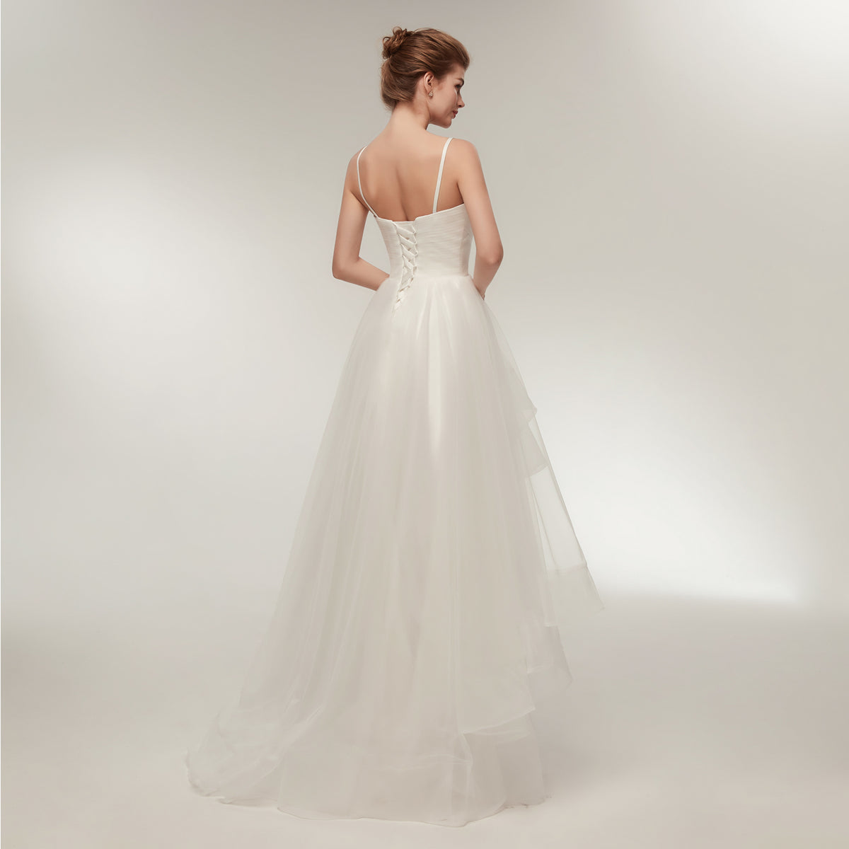 7-Day Dispatch Spaghetti Strap V-Neck White Tulle High-Low Wedding Dress Lace-up Back Bridal Gown