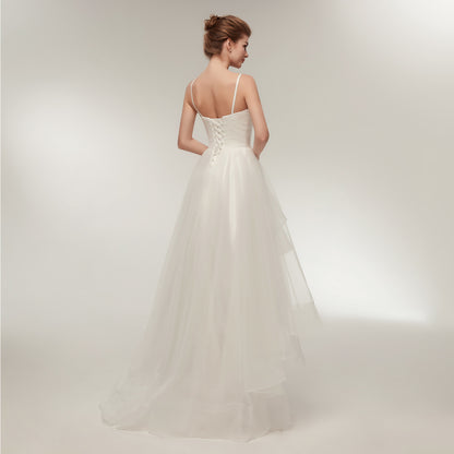 7-Day Dispatch Spaghetti Strap V-Neck White Tulle High-Low Wedding Dress Lace-up Back Bridal Gown
