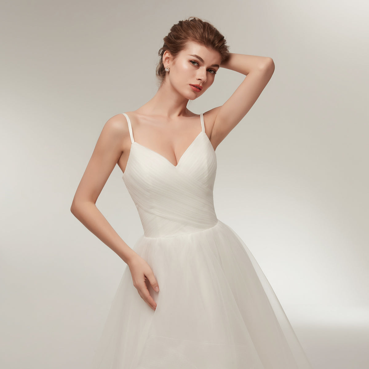 7-Day Dispatch Spaghetti Strap V-Neck White Tulle High-Low Wedding Dress Lace-up Back Bridal Gown