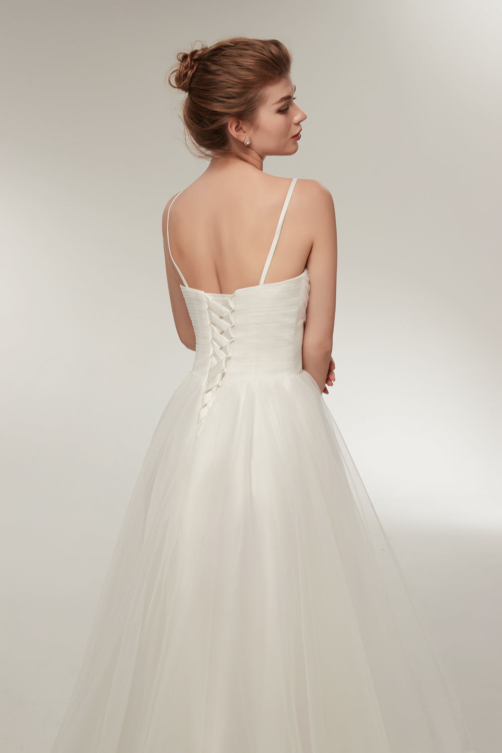 7-Day Dispatch Spaghetti Strap V-Neck White Tulle High-Low Wedding Dress Lace-up Back Bridal Gown
