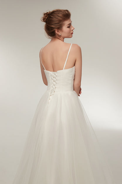 7-Day Dispatch Spaghetti Strap V-Neck White Tulle High-Low Wedding Dress Lace-up Back Bridal Gown
