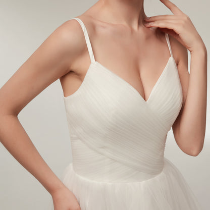 7-Day Dispatch Spaghetti Strap V-Neck White Tulle High-Low Wedding Dress Lace-up Back Bridal Gown