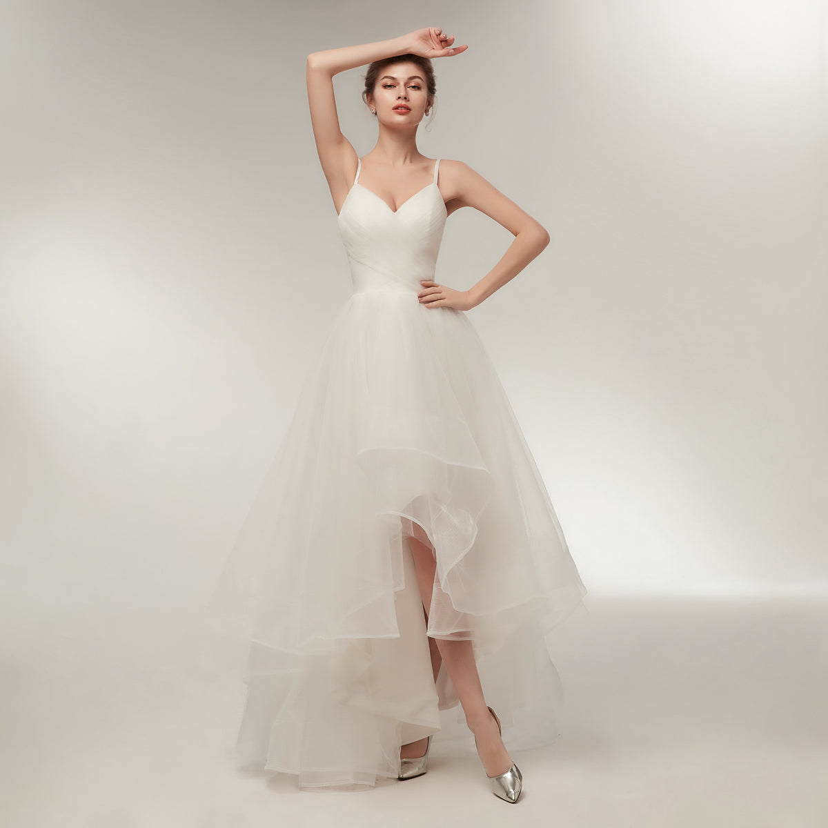 7-Day Dispatch Spaghetti Strap V-Neck White Tulle High-Low Wedding Dress Lace-up Back Bridal Gown