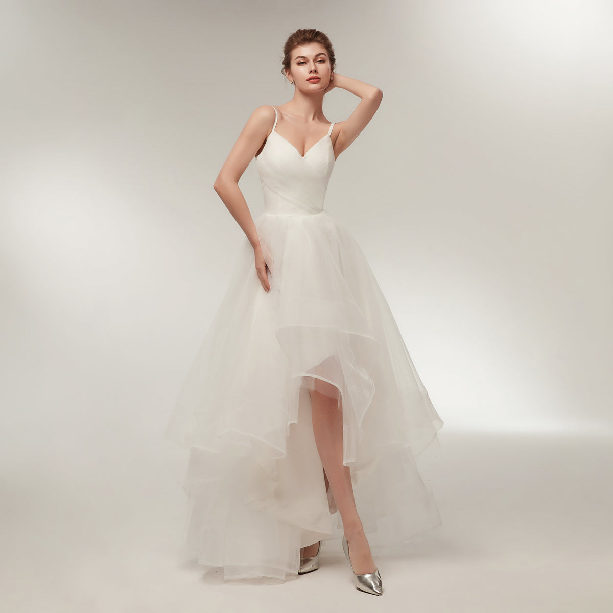 7-Day Dispatch Spaghetti Strap V-Neck White Tulle High-Low Wedding Dress Lace-up Back Bridal Gown