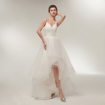 7-Day Dispatch Spaghetti Strap V-Neck White Tulle High-Low Wedding Dress Lace-up Back Bridal Gown