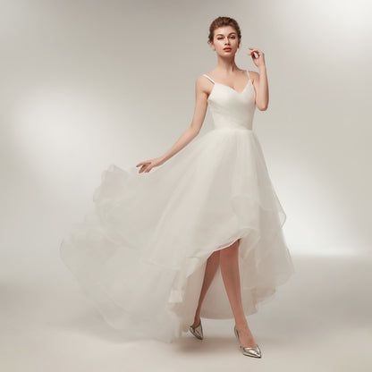 7-Day Dispatch Spaghetti Strap V-Neck White Tulle High-Low Wedding Dress Lace-up Back Bridal Gown
