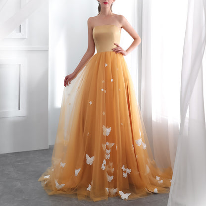 7-Day Dispatch Strapless Golden Yellow Tulle Ball Gown 3D Butterfly Appliques Lace-up Back Sweeping Train Formal Dress