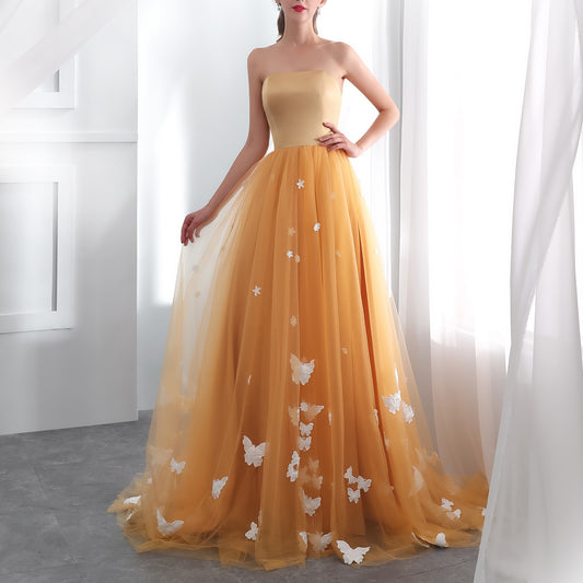 7-Day Dispatch Strapless Golden Yellow Tulle Ball Gown 3D Butterfly Appliques Lace-up Back Sweeping Train Formal Dress