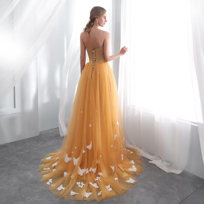 7-Day Dispatch Strapless Golden Yellow Tulle Ball Gown 3D Butterfly Appliques Lace-up Back Sweeping Train Formal Dress