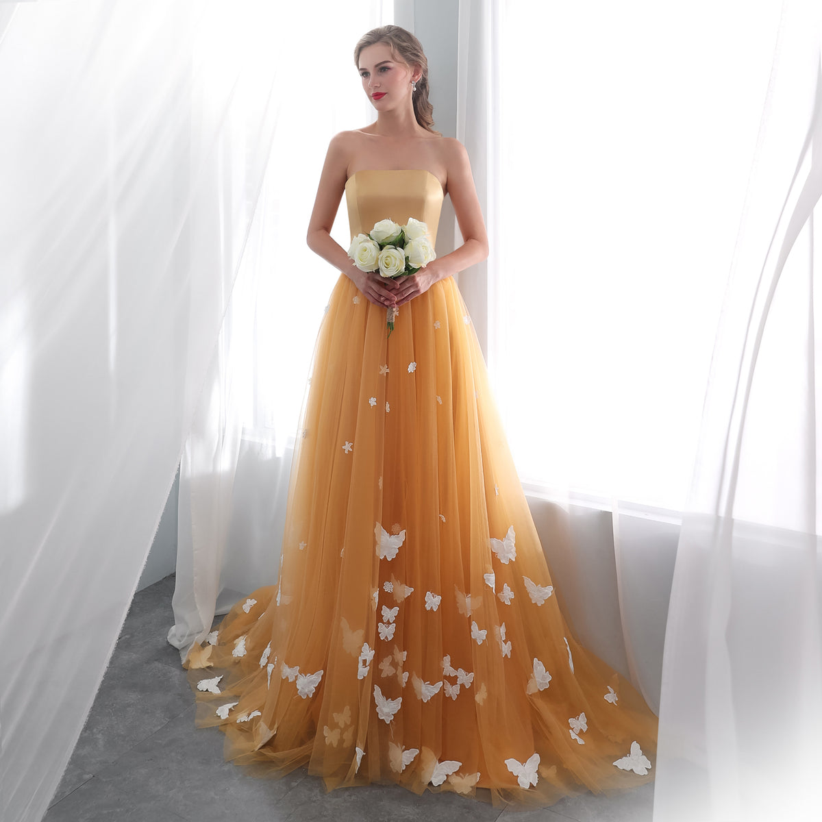 7-Day Dispatch Strapless Golden Yellow Tulle Ball Gown 3D Butterfly Appliques Lace-up Back Sweeping Train Formal Dress