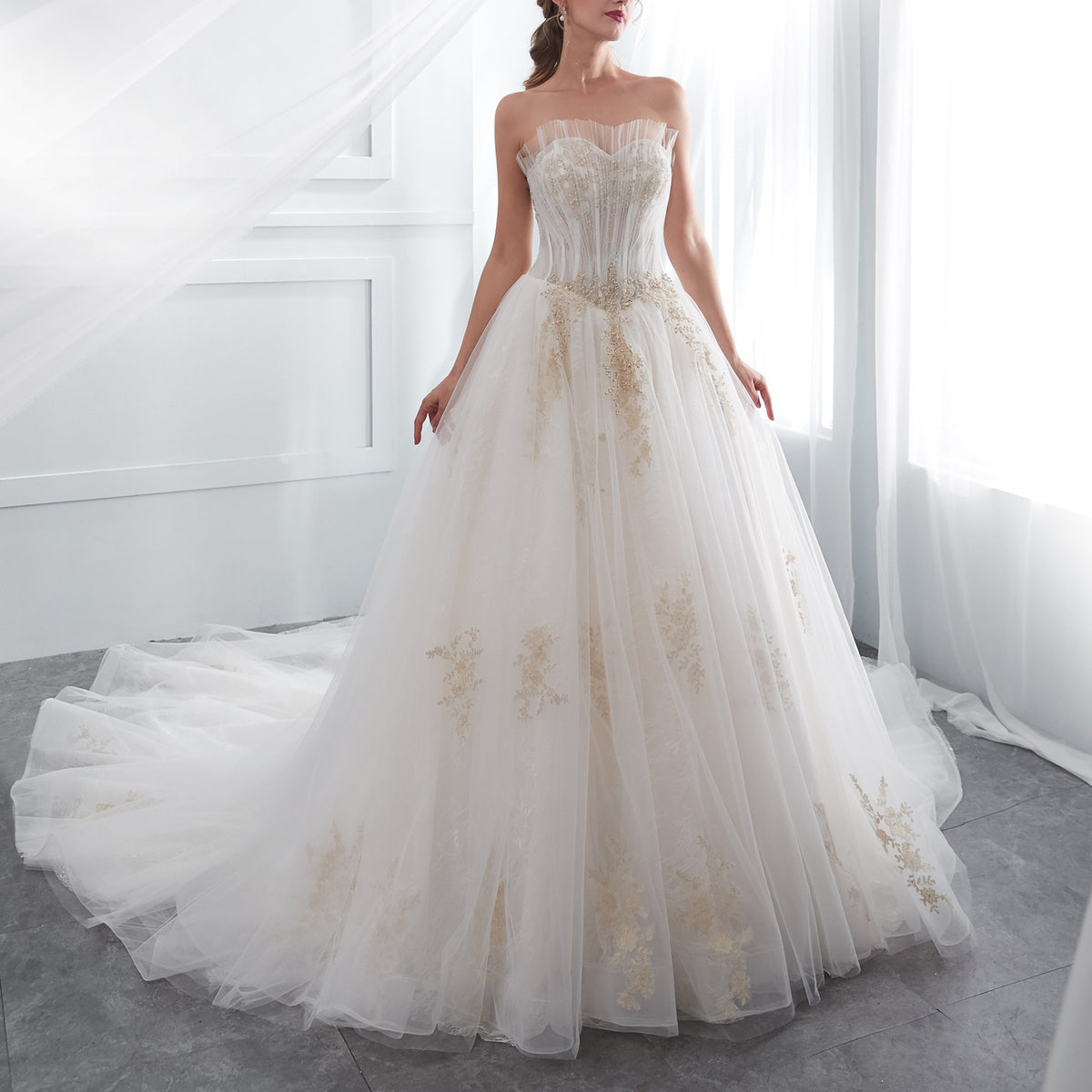 7-Day Dispatch Strapless Illusion Neckline Gold Embroidered Tulle Ball Gown Lace-up Back Sweeping Train Wedding Dress