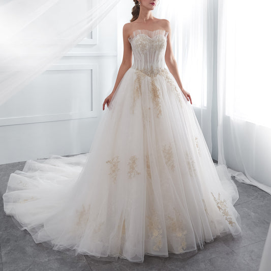 7-Day Dispatch Strapless Illusion Neckline Gold Embroidered Tulle Ball Gown Lace-up Back Sweeping Train Wedding Dress