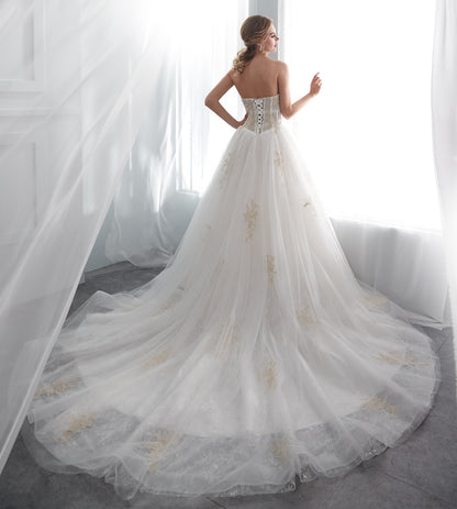 7-Day Dispatch Strapless Illusion Neckline Gold Embroidered Tulle Ball Gown Lace-up Back Sweeping Train Wedding Dress