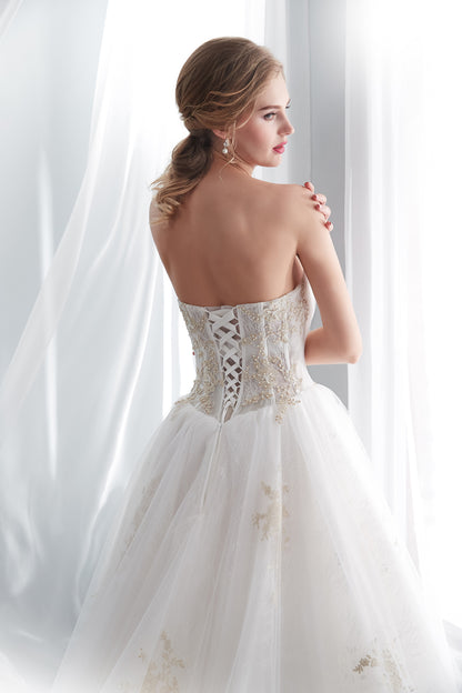 7-Day Dispatch Strapless Illusion Neckline Gold Embroidered Tulle Ball Gown Lace-up Back Sweeping Train Wedding Dress