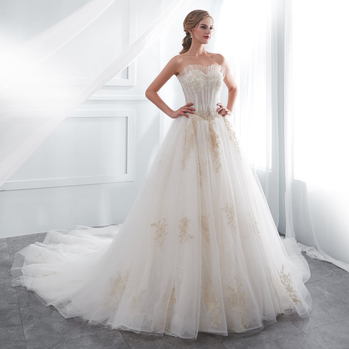 7-Day Dispatch Strapless Illusion Neckline Gold Embroidered Tulle Ball Gown Lace-up Back Sweeping Train Wedding Dress