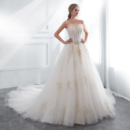 7-Day Dispatch Strapless Illusion Neckline Gold Embroidered Tulle Ball Gown Lace-up Back Sweeping Train Wedding Dress