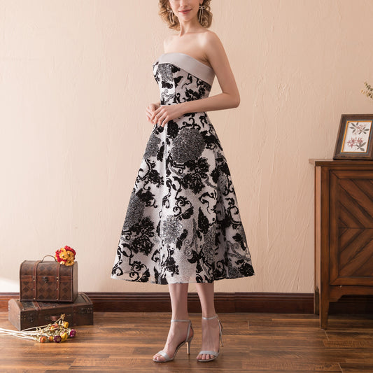 7-Day Dispatch Strapless Straight Neck Black Silver Floral Jacquard Midi Dress A-Line Evening Gown