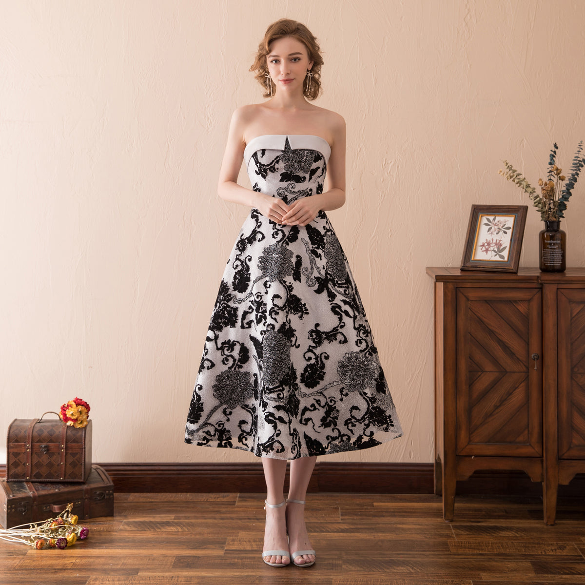 7-Day Dispatch Strapless Straight Neck Black Silver Floral Jacquard Midi Dress A-Line Evening Gown