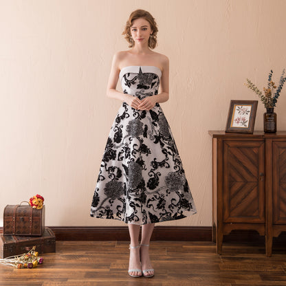 7-Day Dispatch Strapless Straight Neck Black Silver Floral Jacquard Midi Dress A-Line Evening Gown