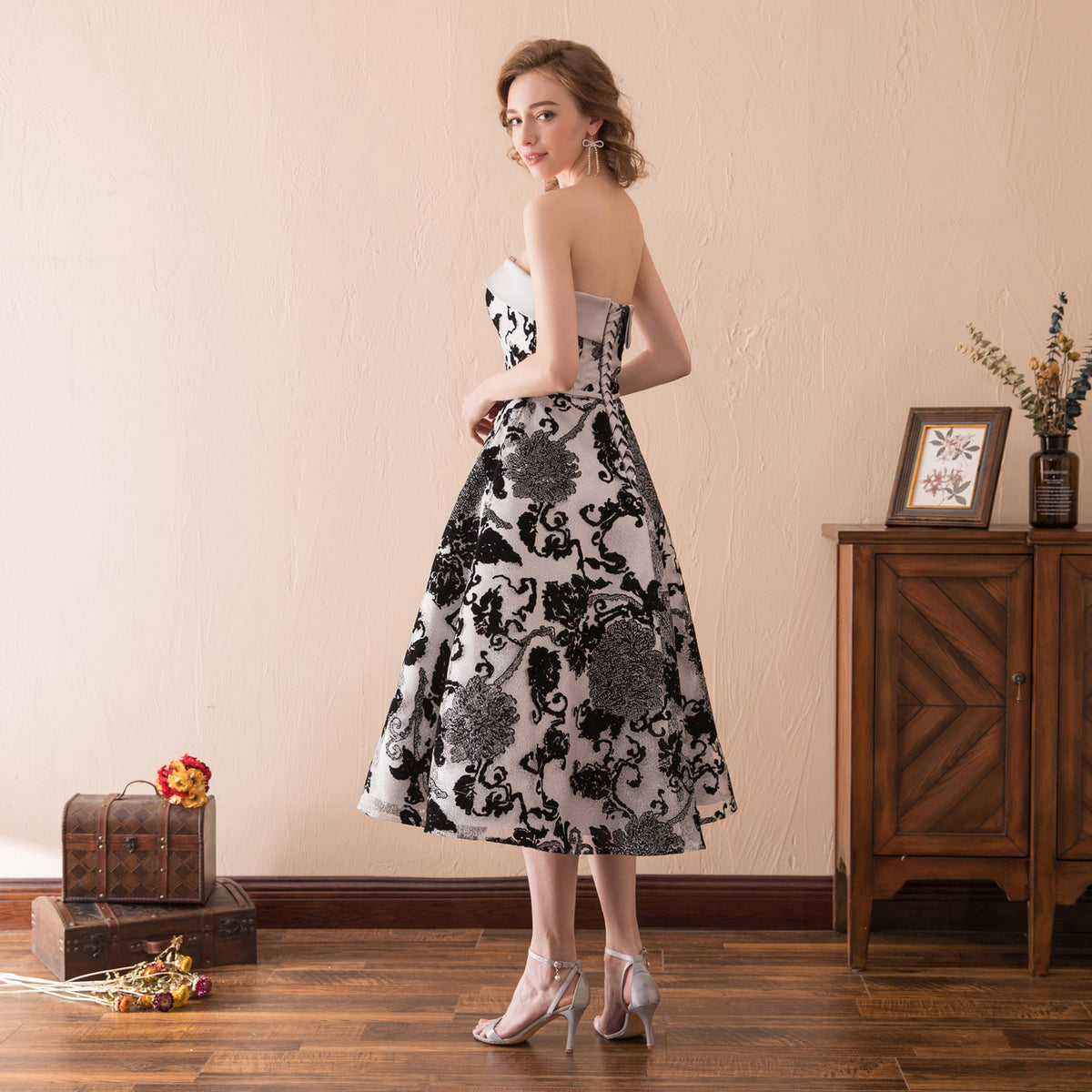 7-Day Dispatch Strapless Straight Neck Black Silver Floral Jacquard Midi Dress A-Line Evening Gown