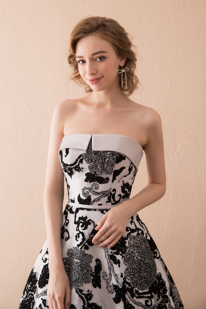 7-Day Dispatch Strapless Straight Neck Black Silver Floral Jacquard Midi Dress A-Line Evening Gown