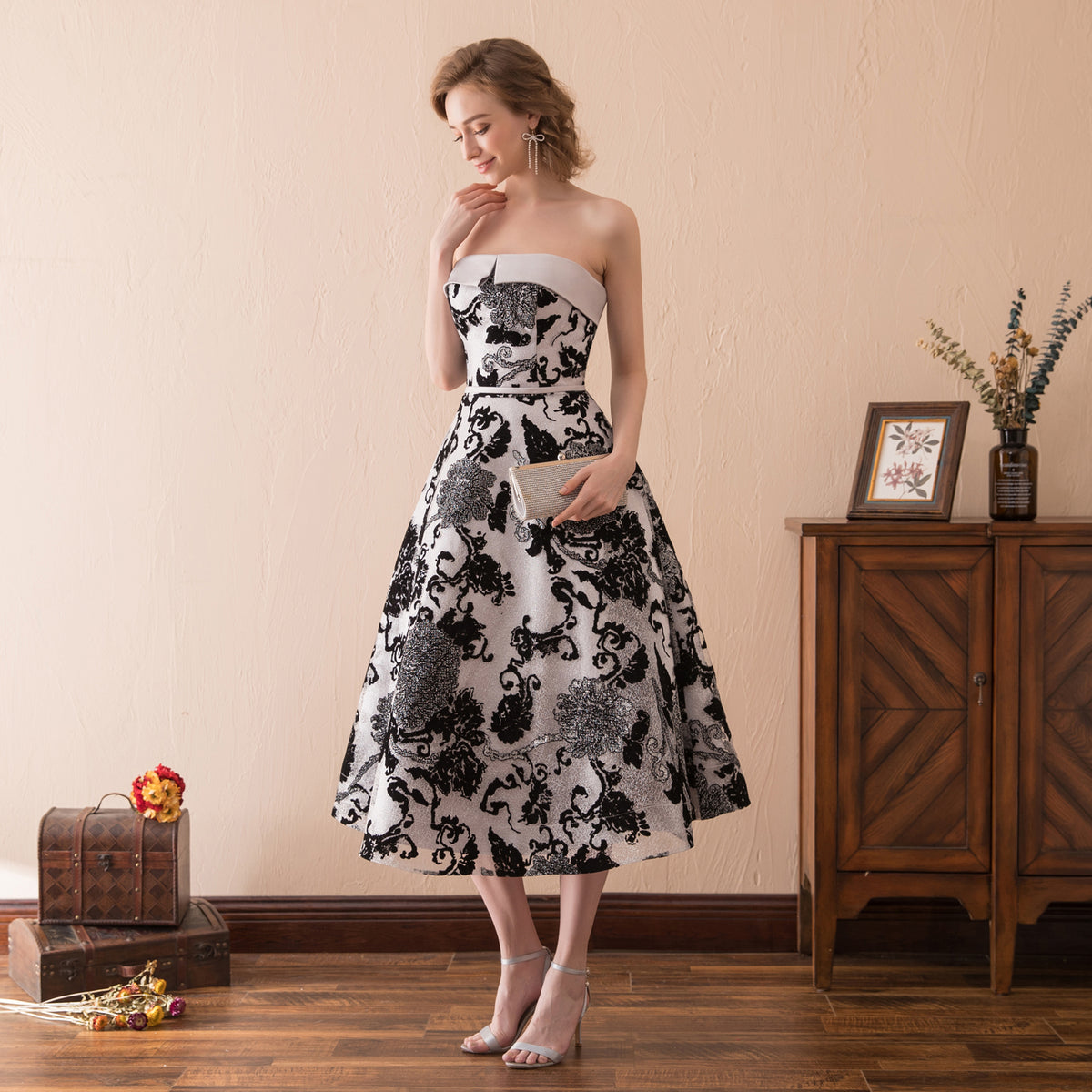 7-Day Dispatch Strapless Straight Neck Black Silver Floral Jacquard Midi Dress A-Line Evening Gown
