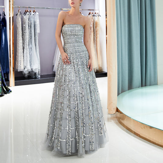 7-Day Dispatch Strapless Straight Neck Silver Beaded Grid Pattern Tulle A-Line Gown Open Back Prom Dress