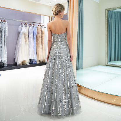 7-Day Dispatch Strapless Straight Neck Silver Beaded Grid Pattern Tulle A-Line Gown Open Back Prom Dress