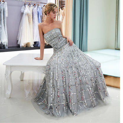 7-Day Dispatch Strapless Straight Neck Silver Beaded Grid Pattern Tulle A-Line Gown Open Back Prom Dress