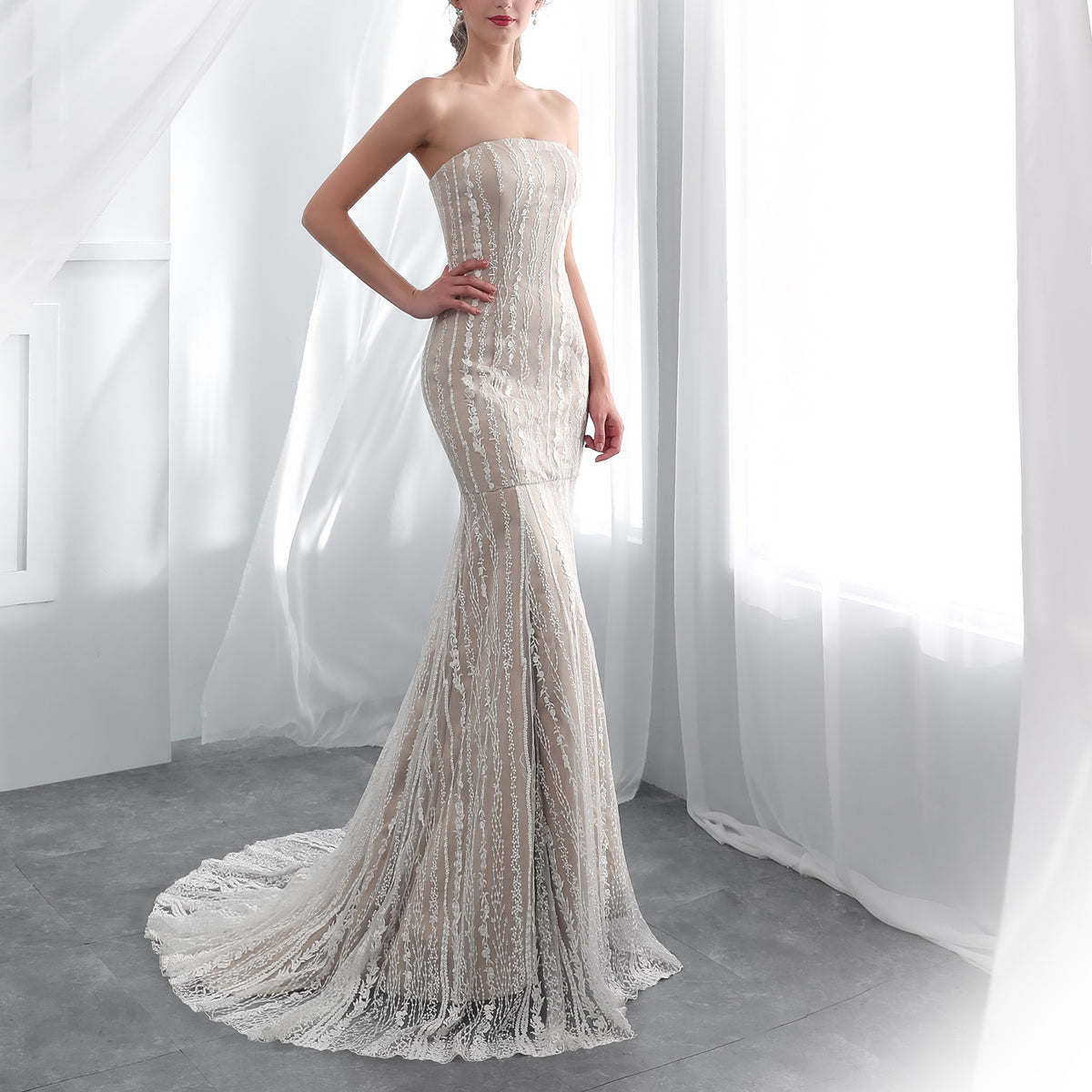 7-Day Dispatch Strapless Straight Neck Vertical Beaded Lace Mermaid Wedding Dress Illusion Tulle Lace-up Corset Back Sweeping Train Gown