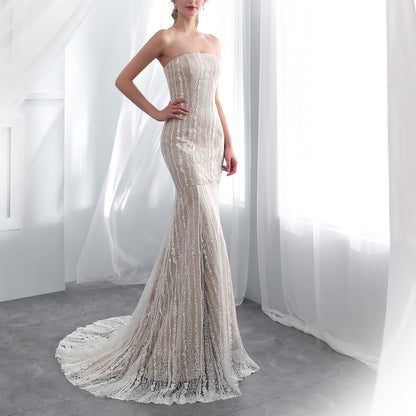 7-Day Dispatch Strapless Straight Neck Vertical Beaded Lace Mermaid Wedding Dress Illusion Tulle Lace-up Corset Back Sweeping Train Gown
