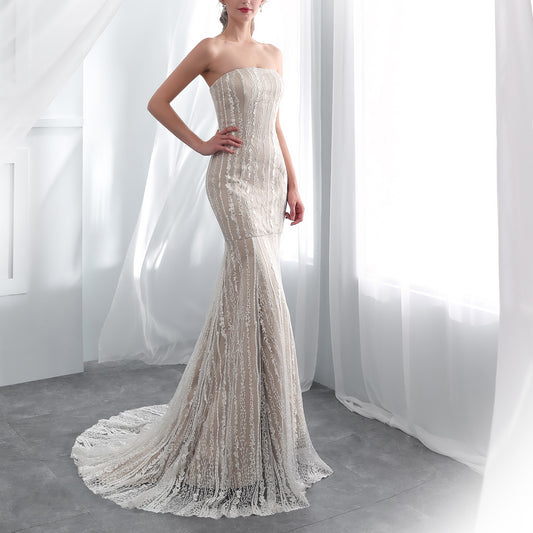 7-Day Dispatch Strapless Straight Neck Vertical Beaded Lace Mermaid Wedding Dress Illusion Tulle Lace-up Corset Back Sweeping Train Gown
