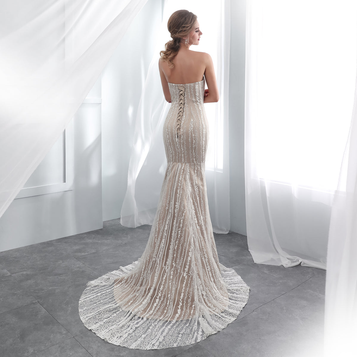 7-Day Dispatch Strapless Straight Neck Vertical Beaded Lace Mermaid Wedding Dress Illusion Tulle Lace-up Corset Back Sweeping Train Gown