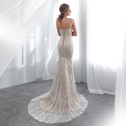7-Day Dispatch Strapless Straight Neck Vertical Beaded Lace Mermaid Wedding Dress Illusion Tulle Lace-up Corset Back Sweeping Train Gown